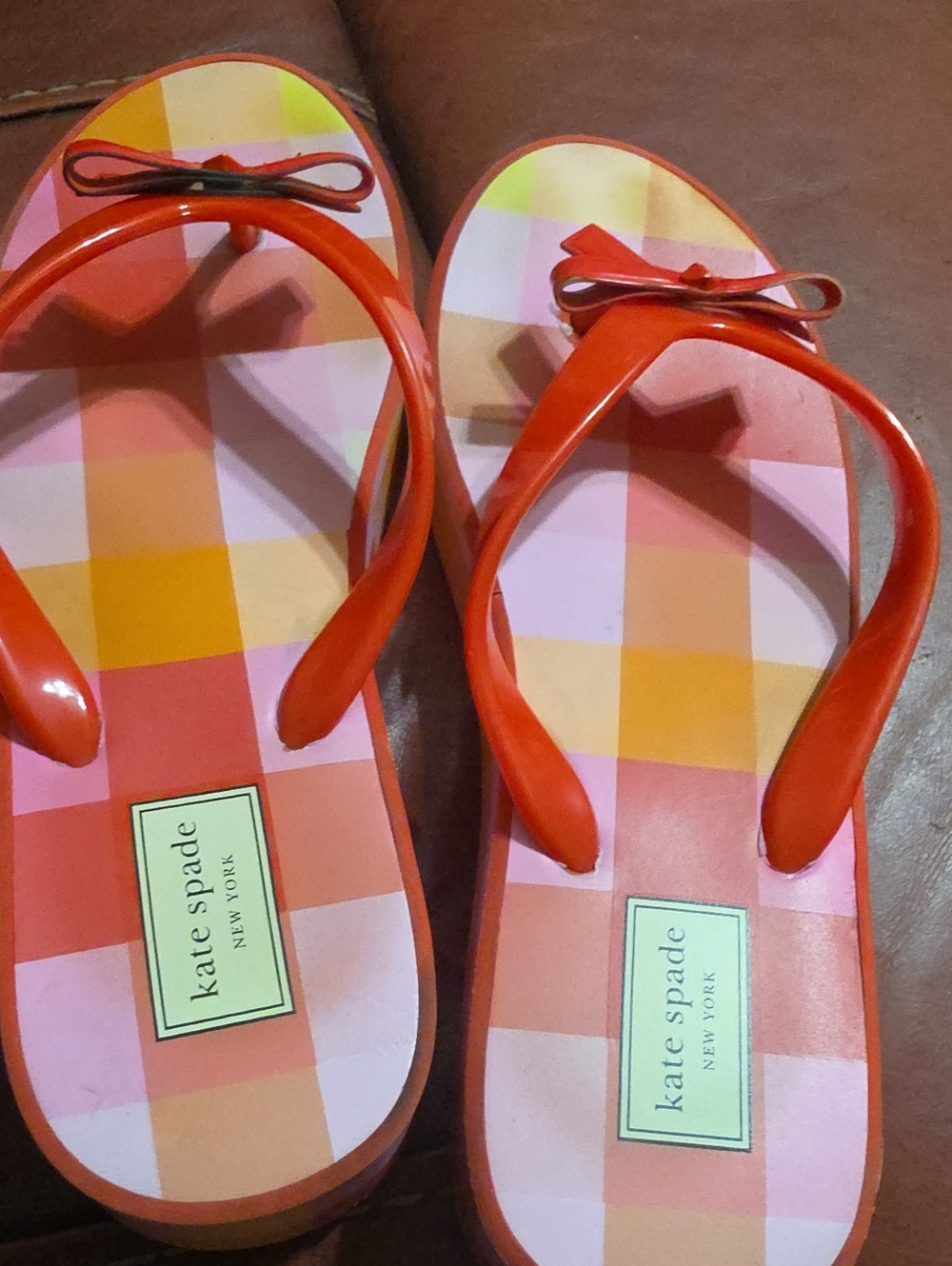 kate spade Orange & Pink Plaid Bow Jelly Sandals